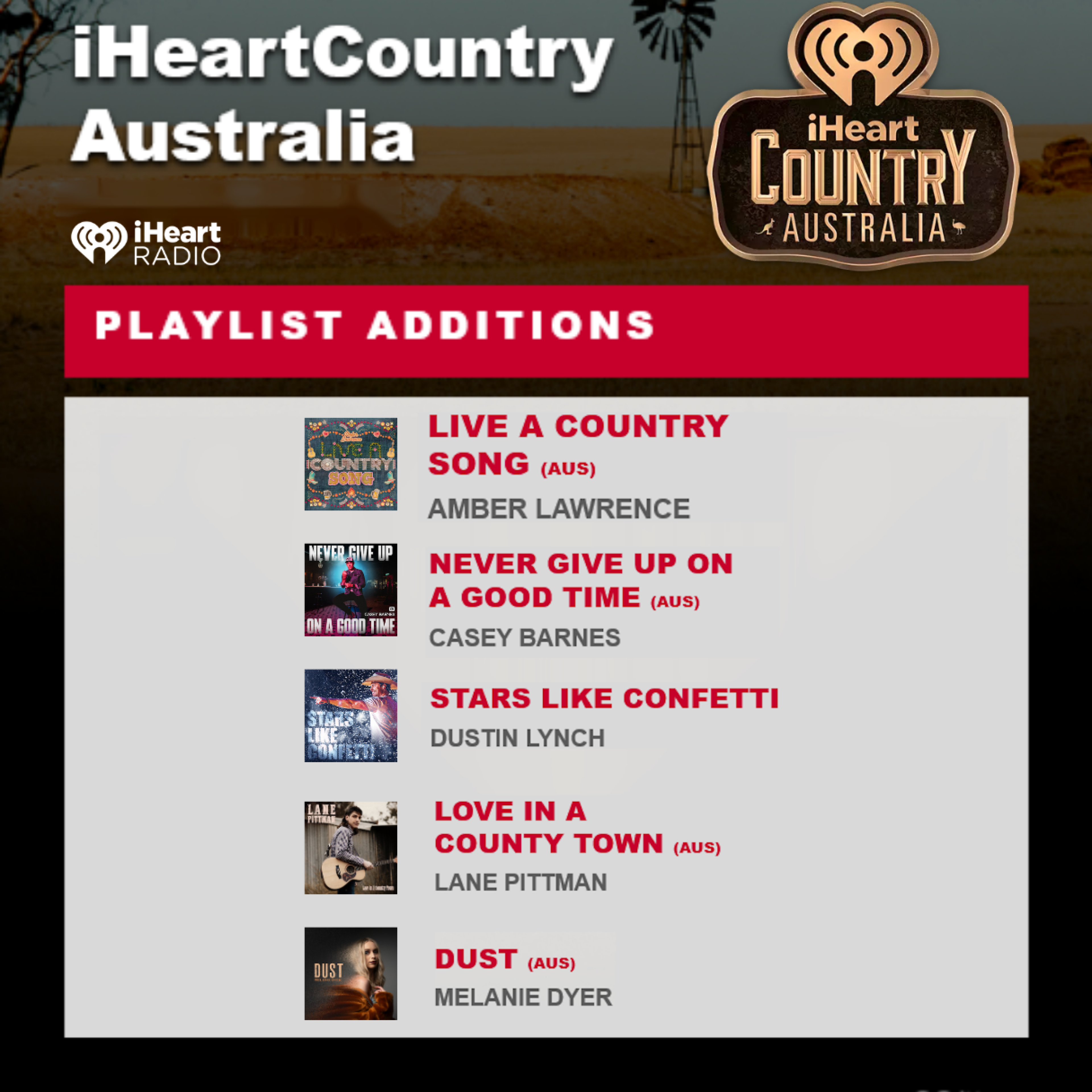 iHeart Country add: Amber Lawrence, Casey Barnes, Dustin Lynch, Lane Pittman & Melanie Dyer ATB