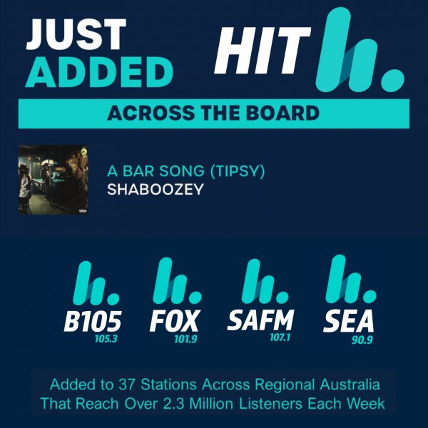 Shaboozey - "A Bar Song (Tipsy)" Added ATB to FOX FM, B105 FM, SA FM, & SEA 90.9 FM (HIT